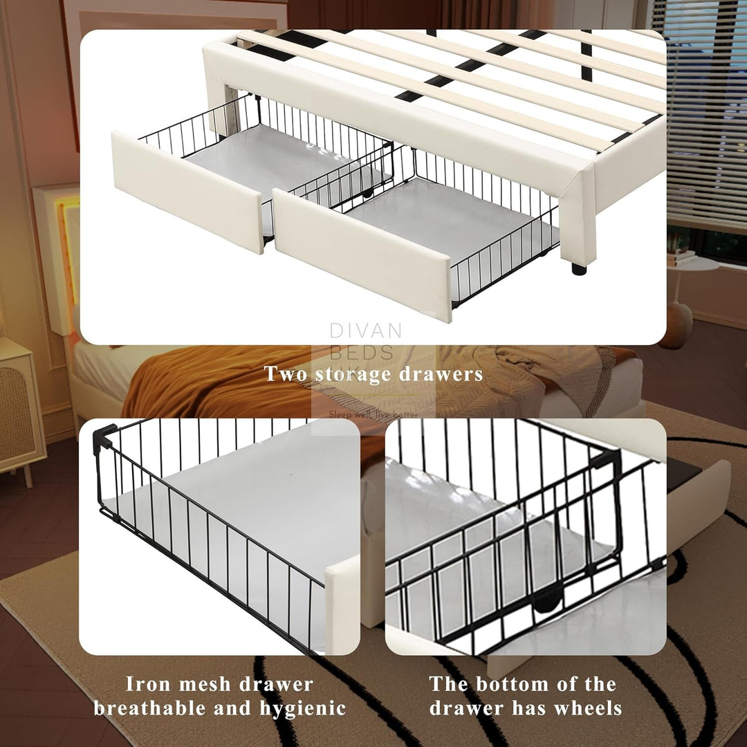 Trieste Off-White Beige Leather 2 Drawer Storage Smart Bed with LED Lighting