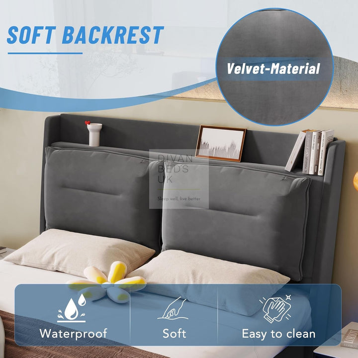 Renzo Padded Winged Headboard Grey Ottoman Smart Bed with LED Side Panels & 1 Large End Drawer