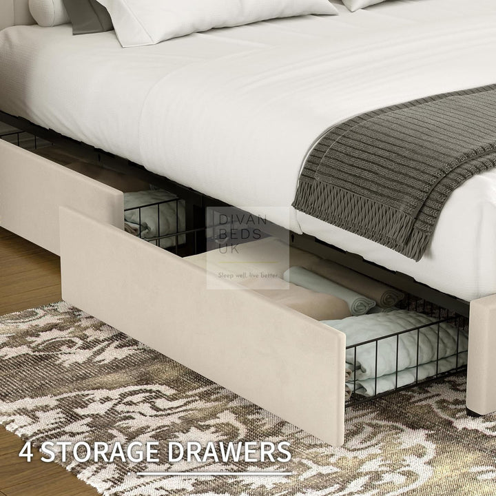 Serava 4ft6 Double Beige Plush Velvet 4 Drawer Bed with Adjustable Headboard