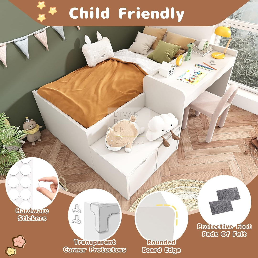 Castillo White Wooden Bed with 2 Drawers and Integrated Desk