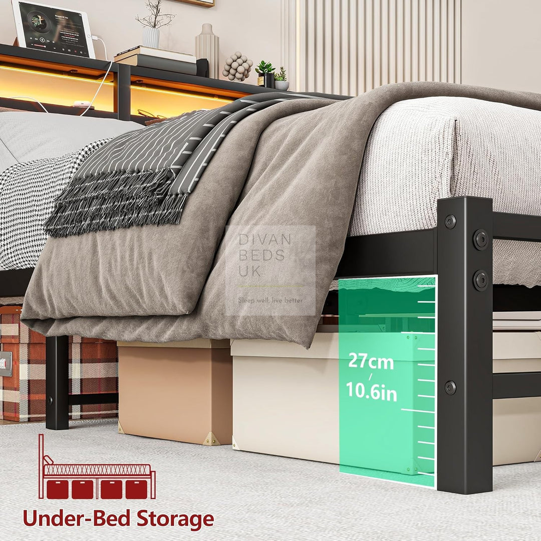 Arezzo Metal Smart Bed with Charging Station Headboard, Storage Shelves, LED, USB and Power Outlets with 4 Optional Drawers