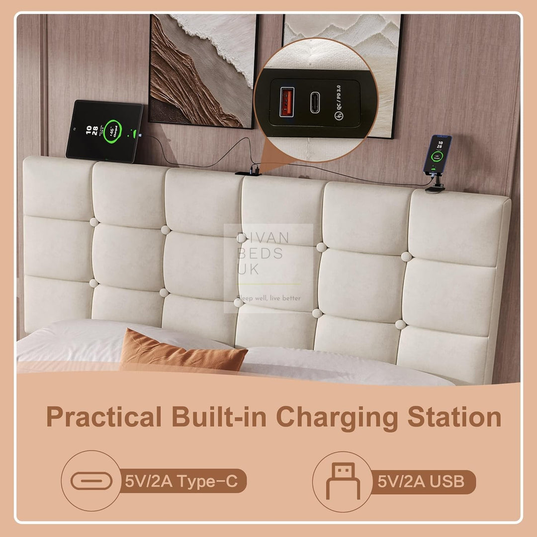 Vicente 4 Drawer Soft Beige Velvet Smart Bed with Type C and USB Charging Adjustable Headboard Shelf