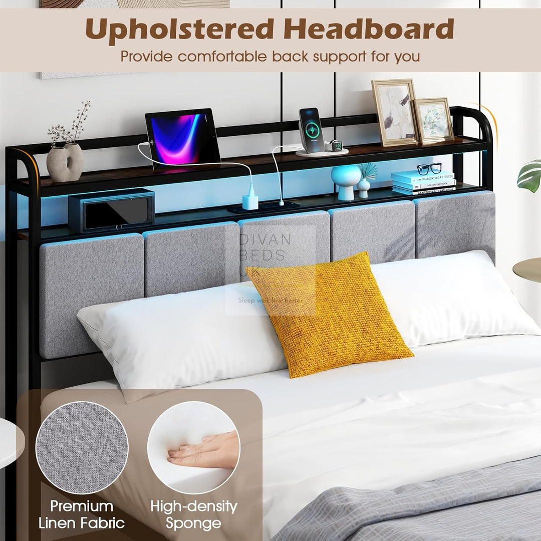 Henry Off-White Grey Linen Metal Smart Bed with 4 Optional Drawers with Headboard Shelves, LED, USB, Type-C Ports and Power Outlets