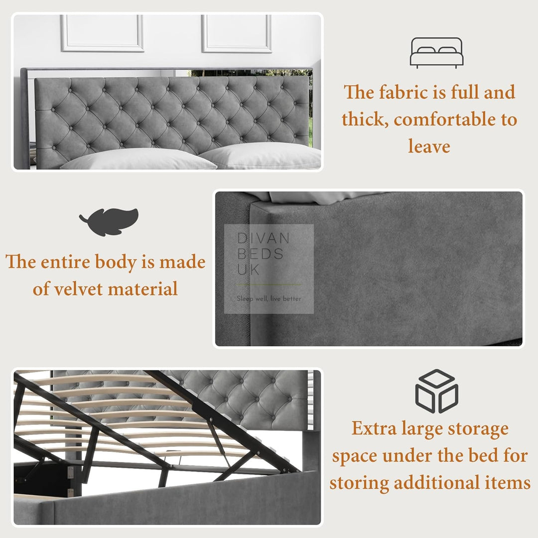 Benitez Grey Plush Velvet Steel Reflection Bed Ottoman Storage Bed