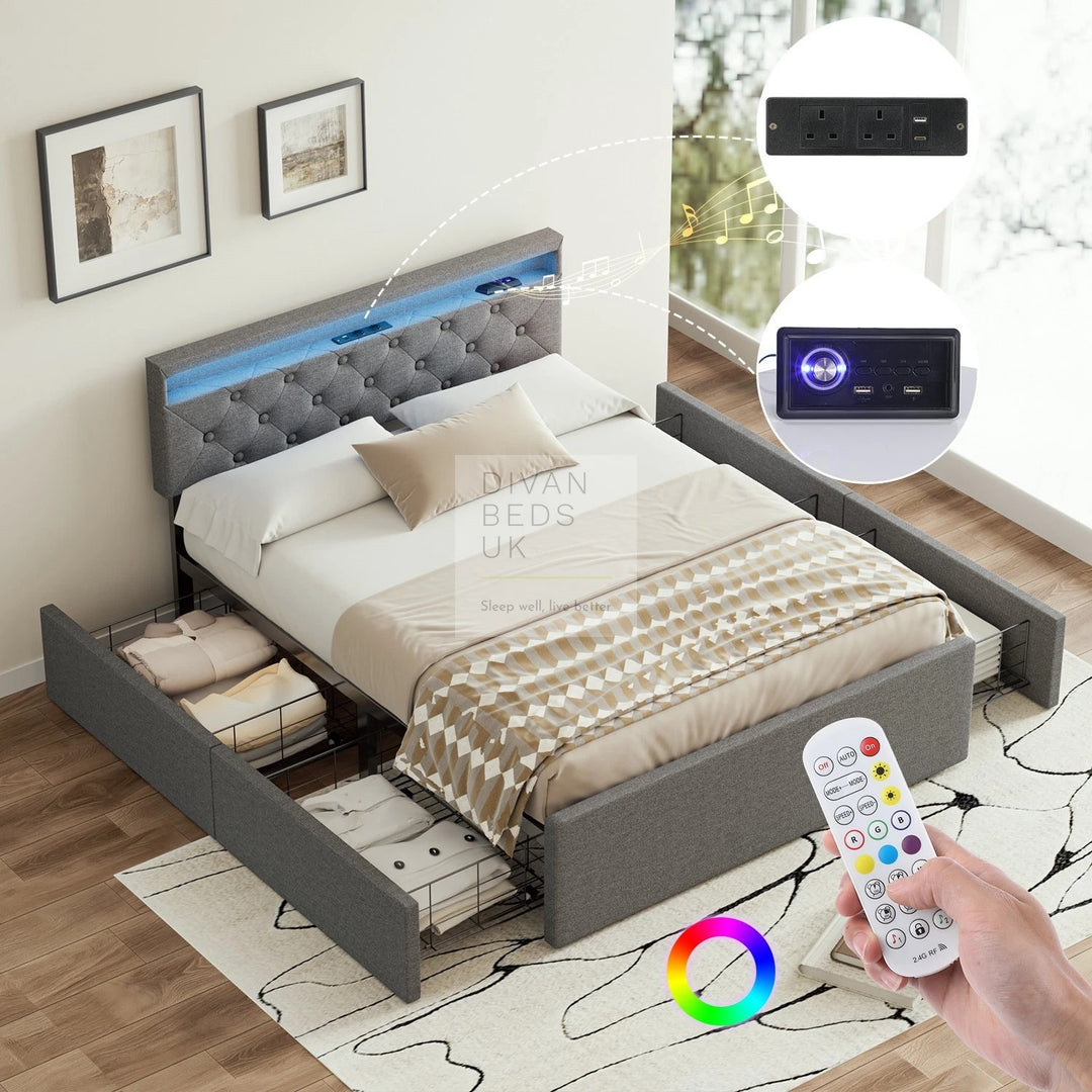 Livorno Grey Linen 4 Drawer Storage Smart Bed with LED Lighting, Power Outlets, USB, Bluetooth Speakers and Headboard Shelf