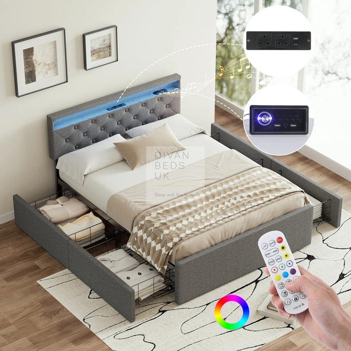 Livorno Grey Linen 4 Drawer Storage Smart Bed with LED Lighting, Power Outlets, USB, Bluetooth Speakers and Headboard Shelf