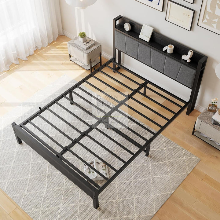 Arellano Grey Linen Black Metal Bed with Storage Headboard Shelf
