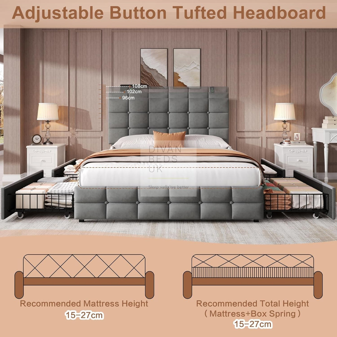 Vicente 4 Drawer Soft Grey Velvet Smart Bed with Type C and USB Charging Adjustable Headboard Shelf