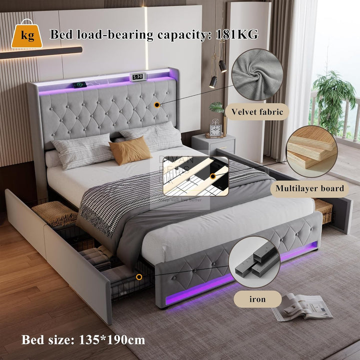 Kairo 4 Drawer Grey Plush Velvet Smart Bed with Storage Wing Headboard with LED Lights & USB Charging Shelf