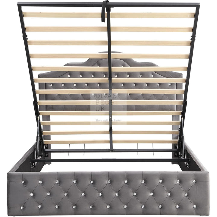 Davila Grey Plush Velvet  Diamante Crystal Bed Ottoman Storage Bed