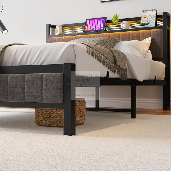 Vicenza Metal Bed Frame with LED Grey Linen Headboard, Shelves, Power Outlet, USB Charging & Optional Drawers
