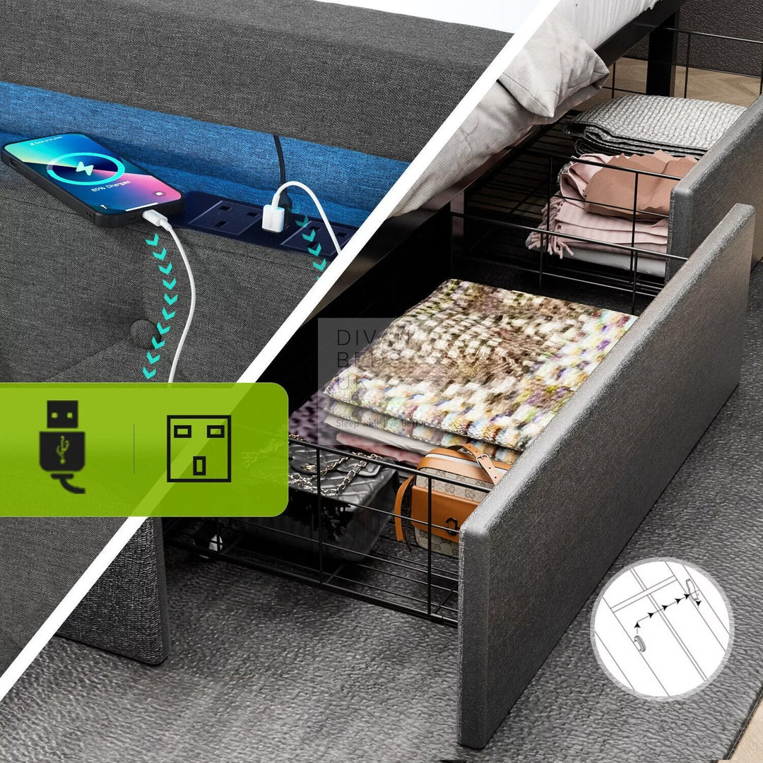 Hendricks 4 Drawer Charcoal Linen Smart Bed with Storage Headboard with LED Lights & USB Charging Shelf