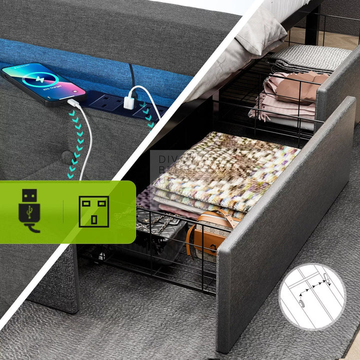 Hendricks 4 Drawer Charcoal Linen Smart Bed with Storage Headboard with LED Lights & USB Charging Shelf