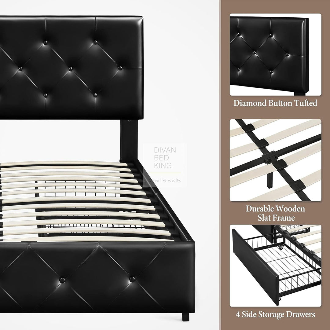Emma Black Leather 2 Drawer Buttoned Bed Frame