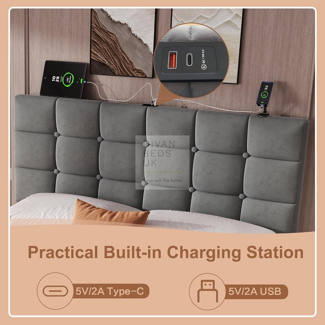 Vicente 4 Drawer Soft Grey Velvet Smart Bed with Type C and USB Charging Adjustable Headboard Shelf