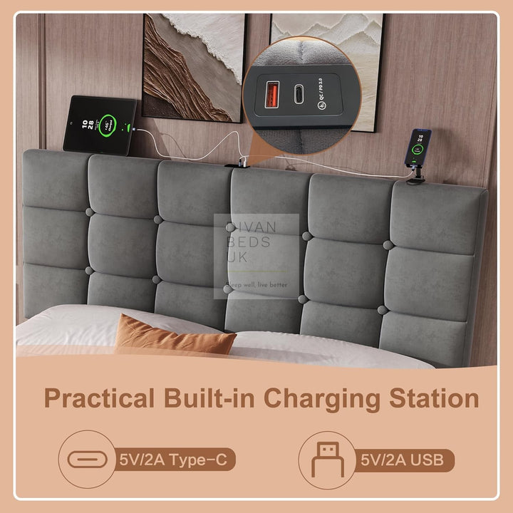 Vicente 4 Drawer Soft Grey Velvet Smart Bed with Type C and USB Charging Adjustable Headboard Shelf