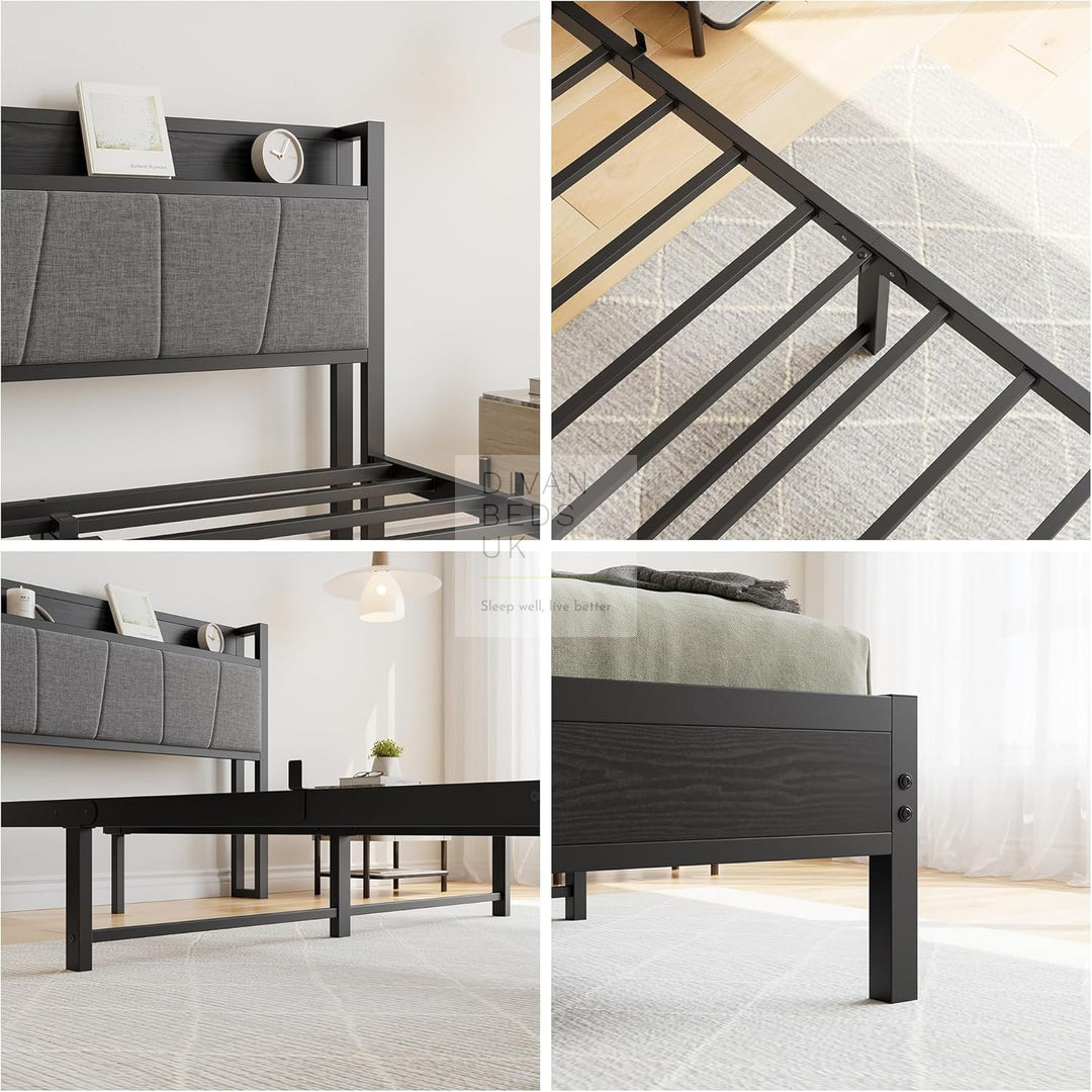Arellano Grey Linen Black Metal Bed with Storage Headboard Shelf