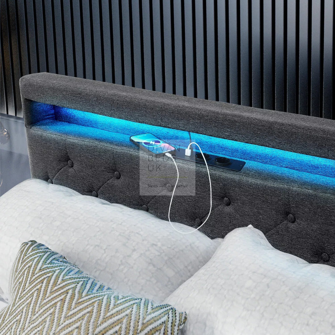 Hendricks 4 Drawer Charcoal Linen Smart Bed with Storage Headboard with LED Lights & USB Charging Shelf