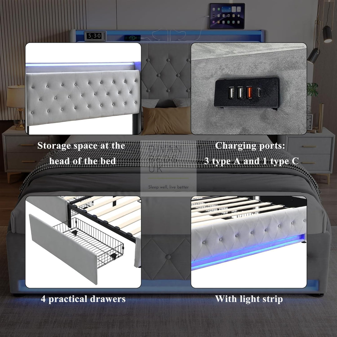 Kairo 4 Drawer Grey Plush Velvet Smart Bed with Storage Wing Headboard with LED Lights & USB Charging Shelf