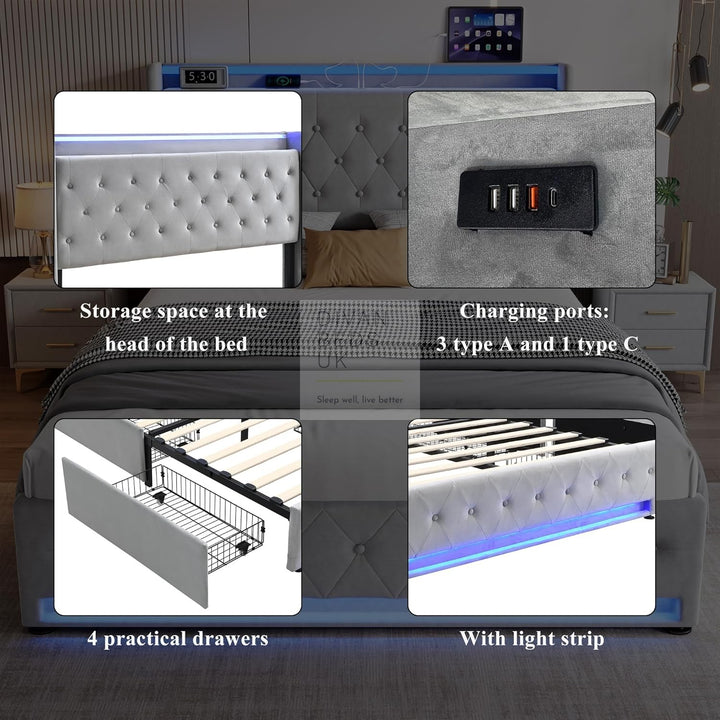 Kairo 4 Drawer Grey Plush Velvet Smart Bed with Storage Wing Headboard with LED Lights & USB Charging Shelf