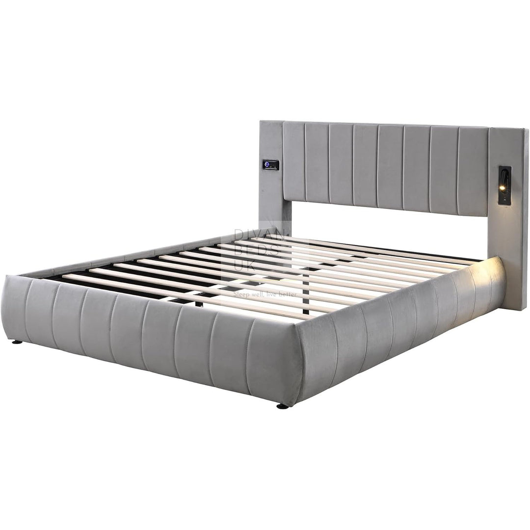 Myra Oversized Headboard Grey Velvet Smart Hotel Bed with LED Lighting, USB, Type C and Speakers