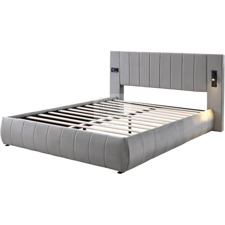 Myra Oversized Headboard Grey Velvet Smart Hotel Bed with LED Lighting, USB, Type C and Speakers