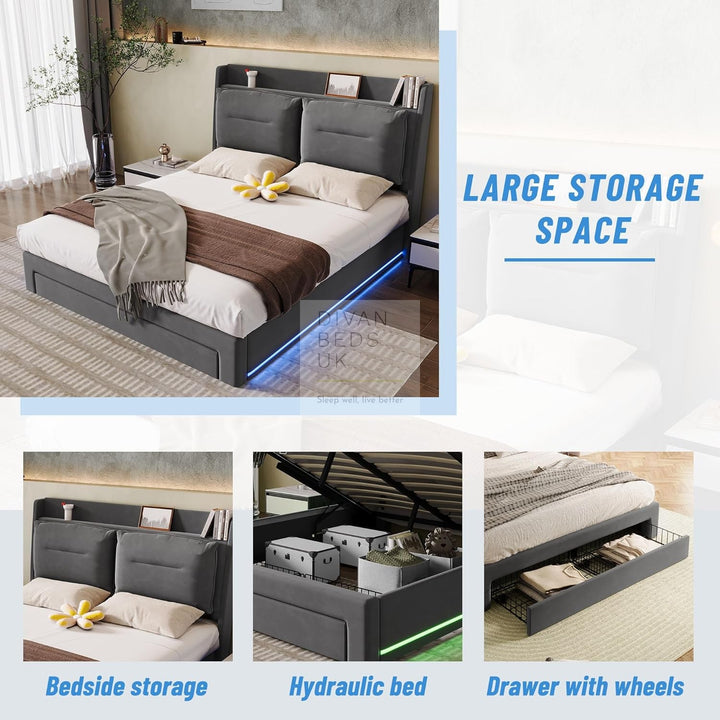 Renzo Padded Winged Headboard Grey Ottoman Smart Bed with LED Side Panels & 1 Large End Drawer