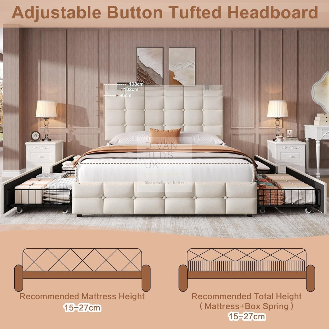 Vicente 4 Drawer Soft Beige Velvet Smart Bed with Type C and USB Charging Adjustable Headboard Shelf