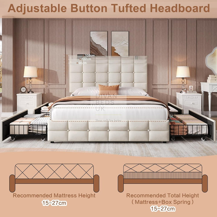 Vicente 4 Drawer Soft Beige Velvet Smart Bed with Type C and USB Charging Adjustable Headboard Shelf