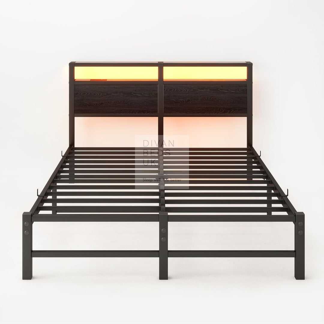 Arezzo Metal Smart Bed with Charging Station Headboard, Storage Shelves, LED, USB and Power Outlets with 4 Optional Drawers