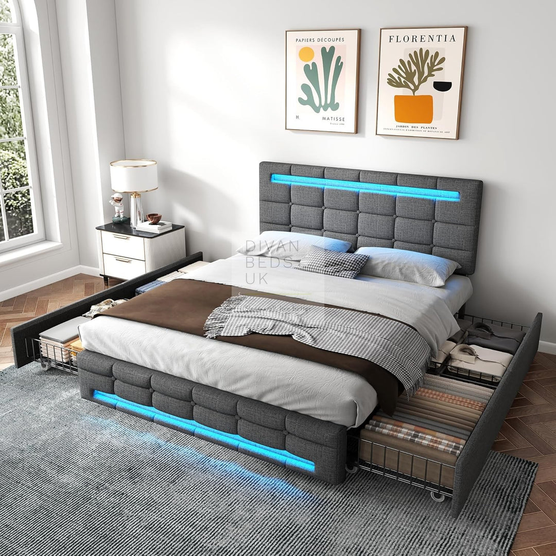 Rogelio 4 Drawer Storage Grey Charcoal Linen Smart Bed with LED Lights