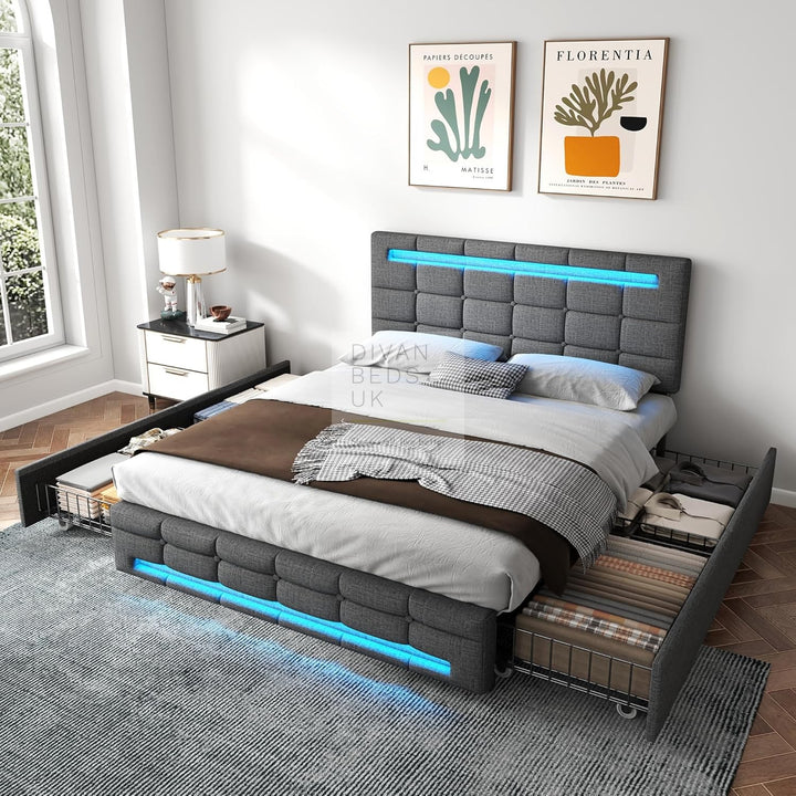 Rogelio 4 Drawer Storage Grey Charcoal Linen Smart Bed with LED Lights