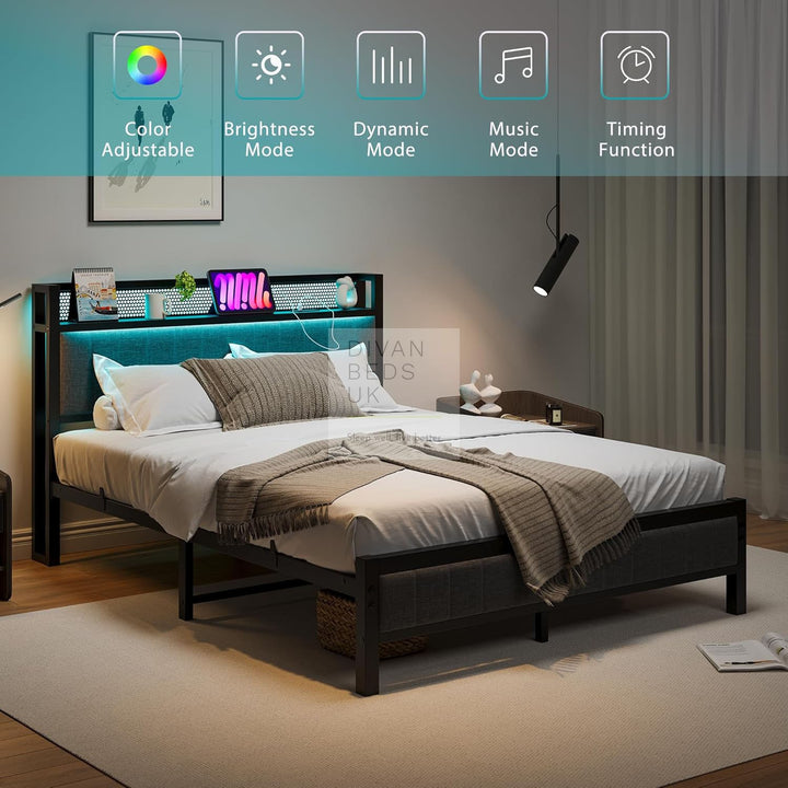 Vicenza Metal Bed Frame with LED Grey Linen Headboard, Shelves, Power Outlet, USB Charging & Optional Drawers