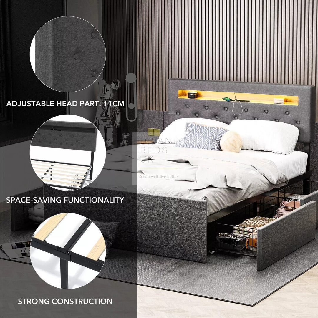 Hendricks 4 Drawer Charcoal Linen Smart Bed with Storage Headboard with LED Lights & USB Charging Shelf