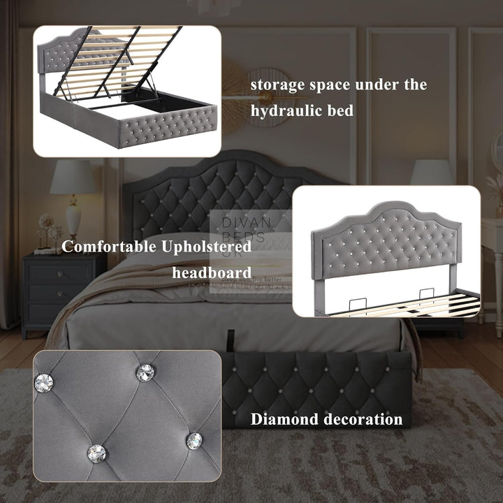Davila Grey Plush Velvet  Diamante Crystal Bed Ottoman Storage Bed