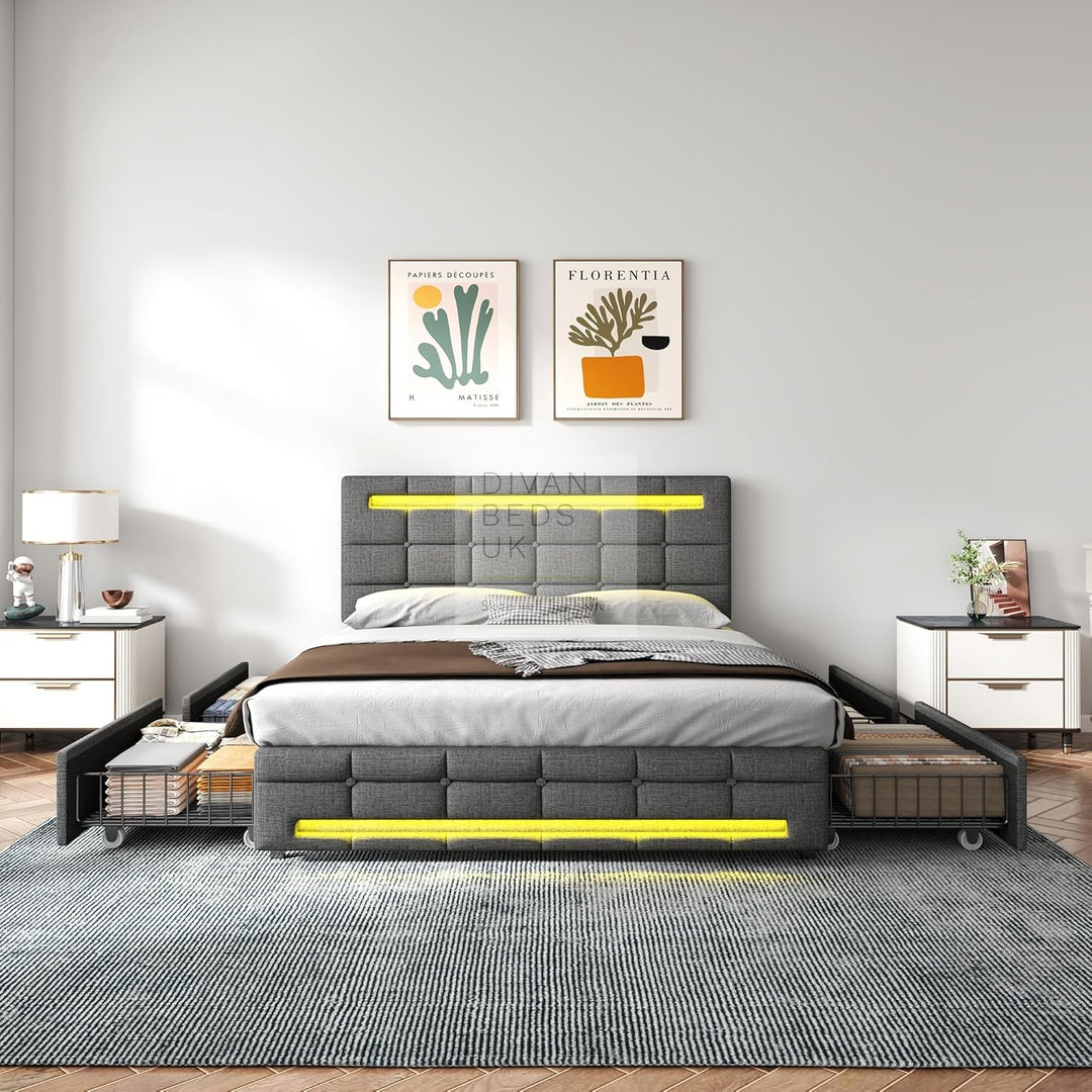 Rogelio 4 Drawer Storage Grey Charcoal Linen Smart Bed with LED Lights