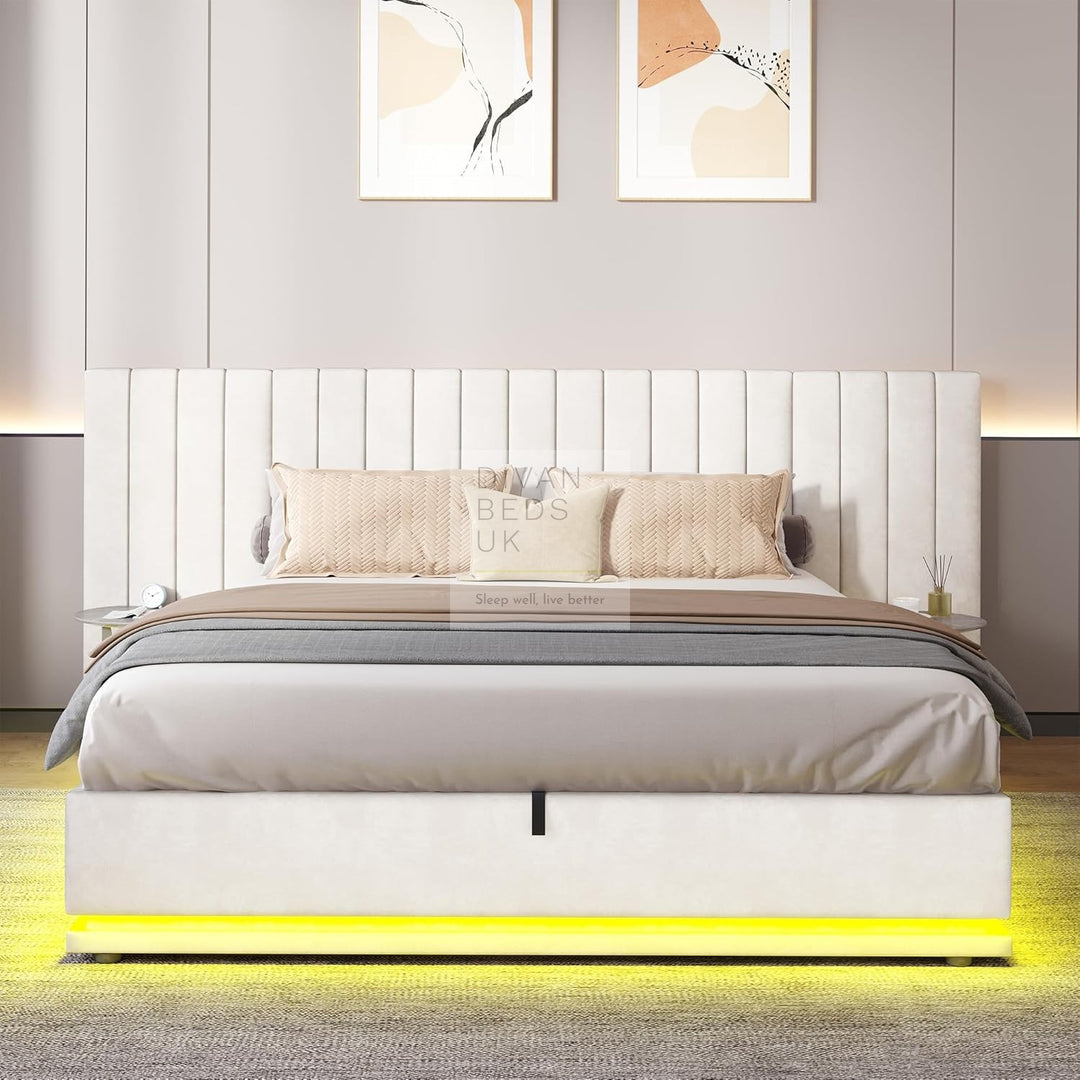 Giuliana Oversized Headboard Soft Cream Beige Velvet Ottoman Storage Bed with LED Lighting