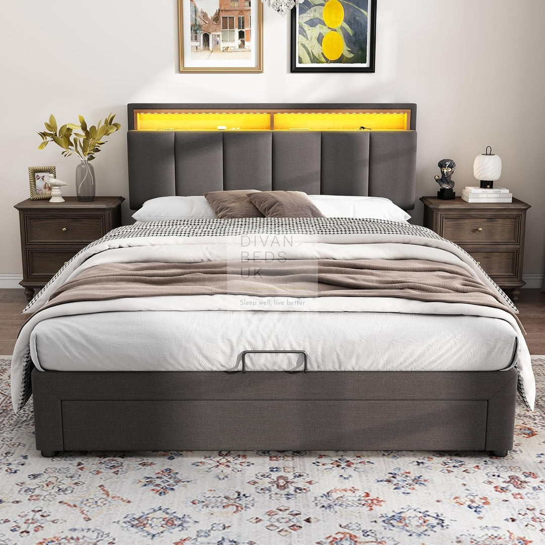 Aarya Charcoal Grey Linen 2 in 1 Drawer Ottoman Storage Bed with LED Lights & Headboard Shelf