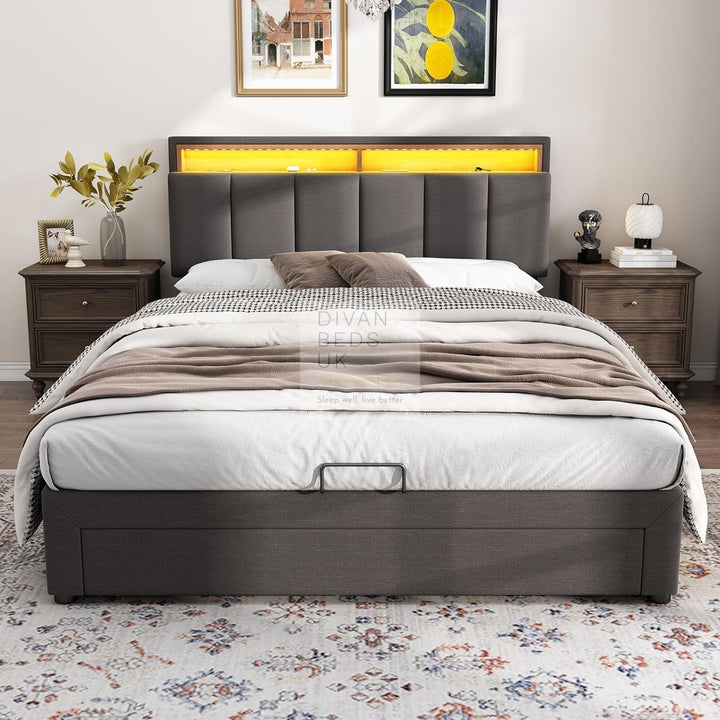 Aarya Charcoal Grey Linen 2 in 1 Drawer Ottoman Storage Bed with LED Lights & Headboard Shelf