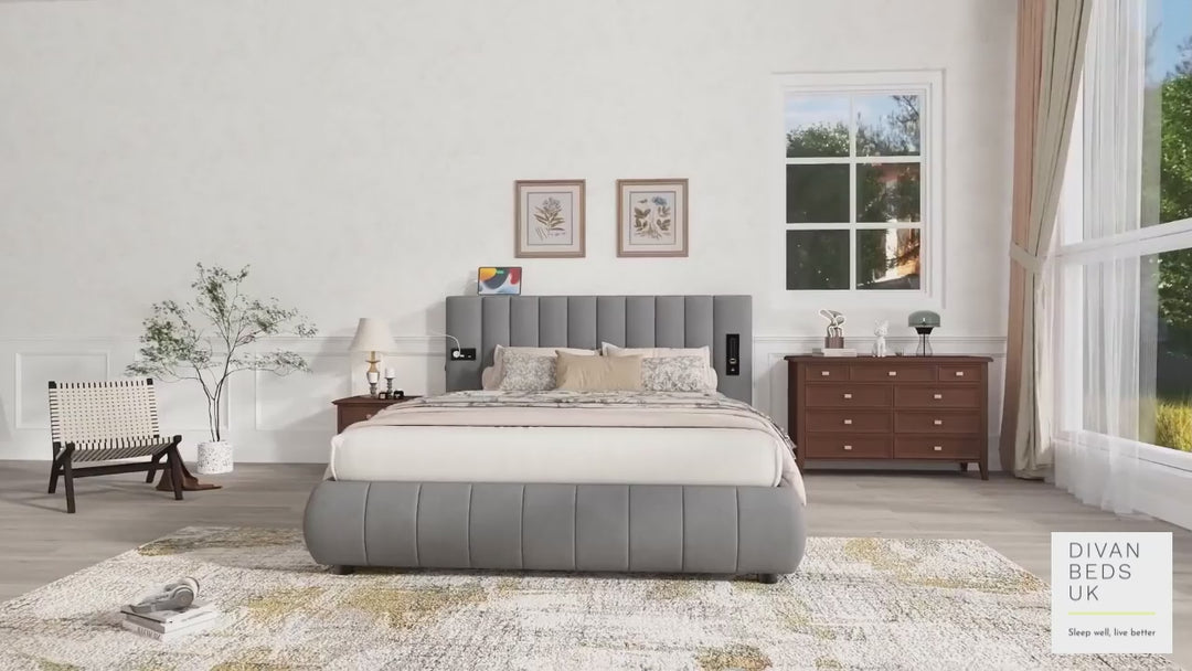 Myra Oversized Headboard Grey Velvet Smart Hotel Bed with LED Lighting, USB, Type C and Speakers