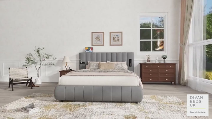 Myra Oversized Headboard Grey Velvet Smart Hotel Bed with LED Lighting, USB, Type C and Speakers