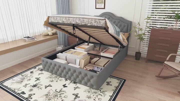 Davila Grey Plush Velvet  Diamante Crystal Bed Ottoman Storage Bed