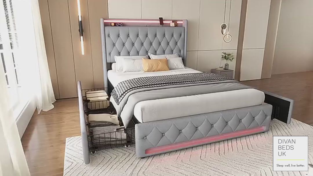 Kairo 4 Drawer Grey Plush Velvet Smart Bed with Storage Wing Headboard with LED Lights & USB Charging Shelf