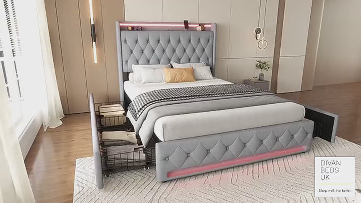 Kairo 4 Drawer Grey Plush Velvet Smart Bed with Storage Wing Headboard with LED Lights & USB Charging Shelf