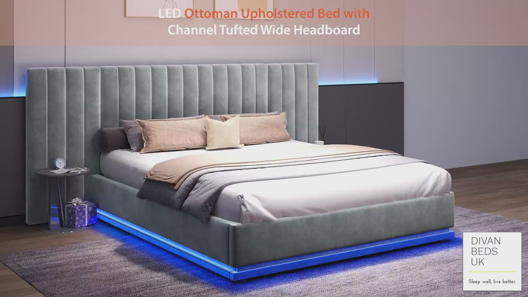 Giuliana Oversized Headboard Soft Grey Velvet Ottoman Storage Bed with LED Lighting
