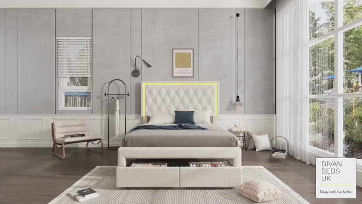 Trieste Off-White Beige Leather 2 Drawer Storage Smart Bed with LED Lighting