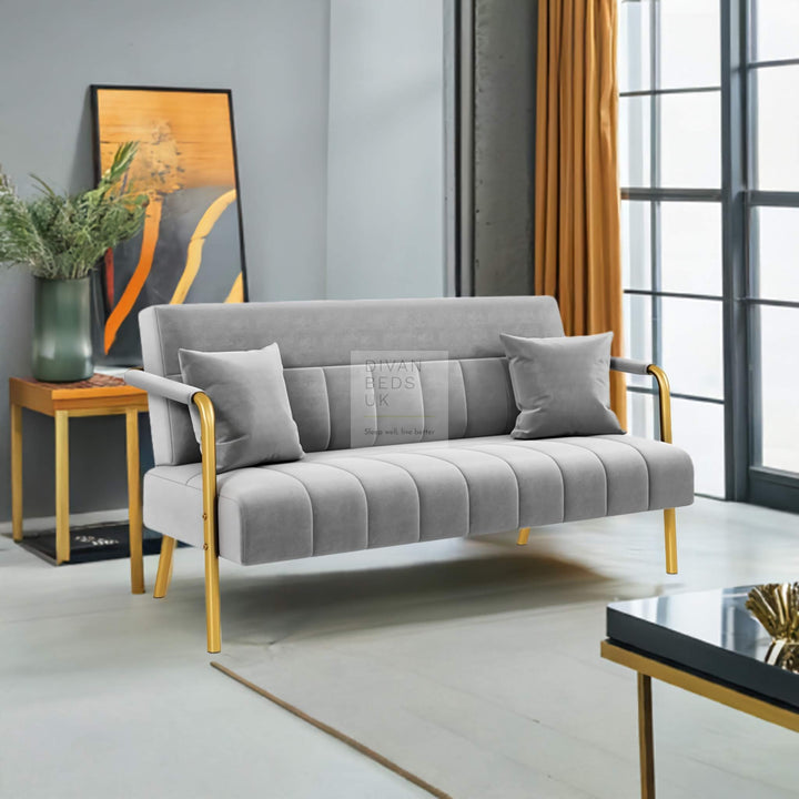 Parisa Grey Velvet Velour 2 Seater Sofa with Gold Metal Legs