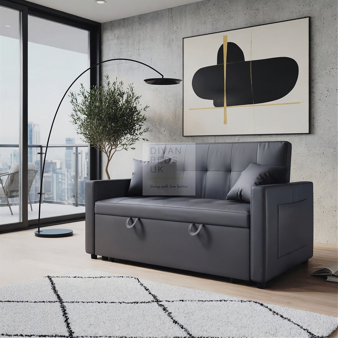 Santana Ash Grey Leather Daybed Sofa Bed Couch with Sidepockets & 2 Matching Pillows