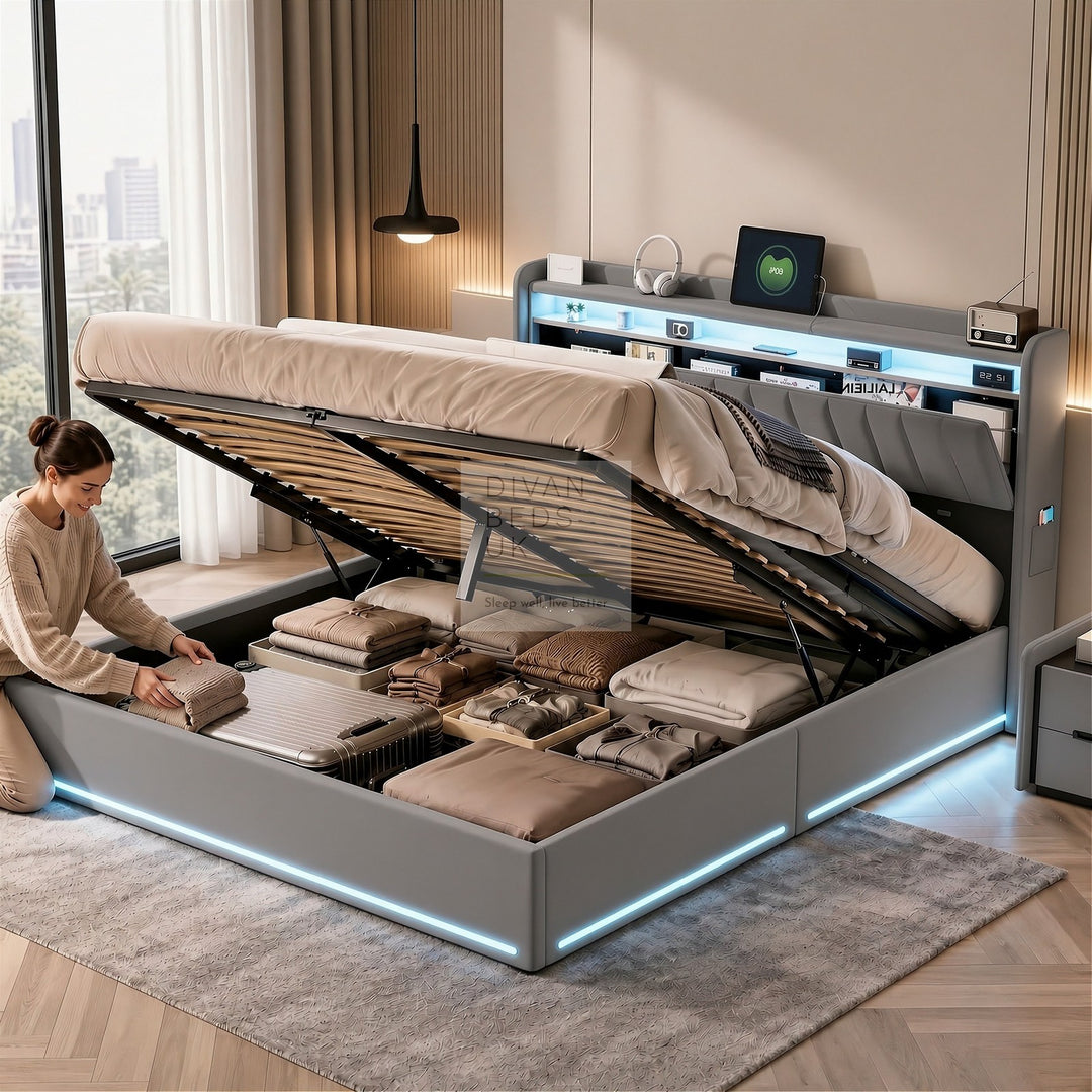 Kairi LED Grey Velvet Ottoman Storage Smart Bed with USB Type C Charging Station on Headboard Storage Shelf