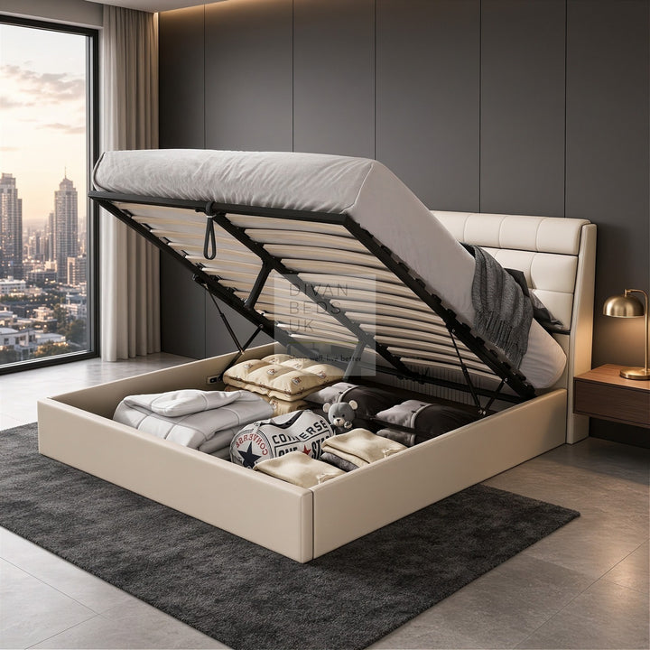 Carmine Cream Beige Leather Ottoman Storage Bed with Headboard Storage